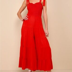 Sunny Days Off Rust Red Smocked Tie-Strap Jumpsuit